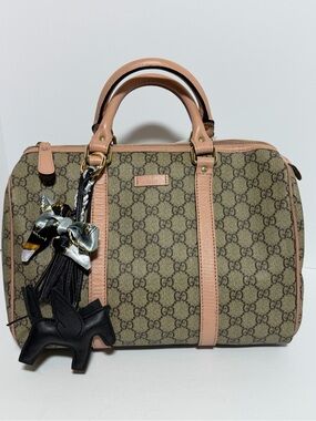 AUTHENTIC Gucci GG Coated Canvas Boston Bag with Blush Leather Trim